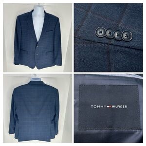 Tommy Hilfiger Blazer Sport Coat Suit Jacket Mens 44S Blue Windowpane Plaid